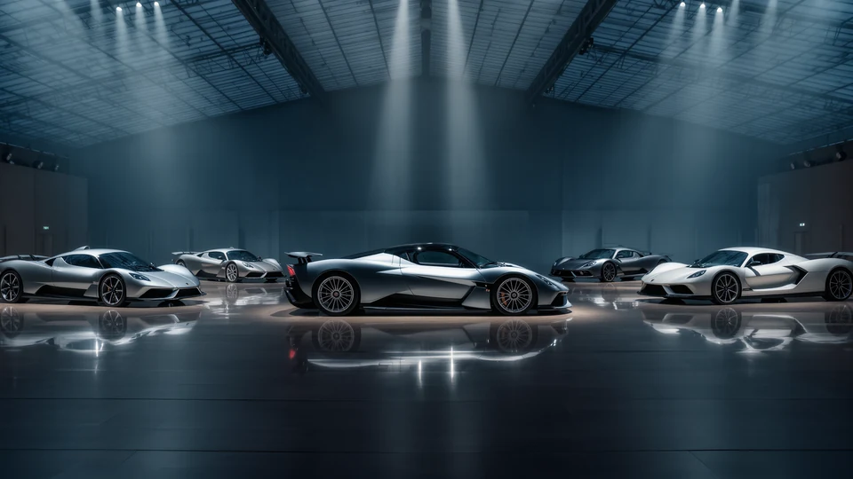 Spacious event hall at Motorworld Mallorca with scattered round tables and chairs, two cars on display, and a large screen at the front showing an aerial view of a road.