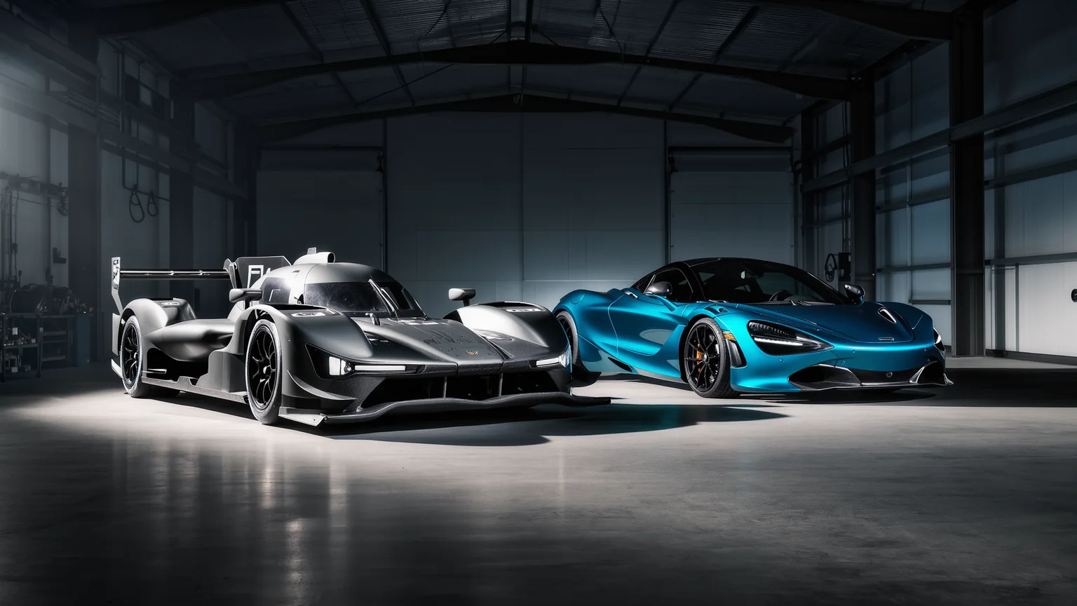 Rennstreckentauglicher GT3-Sportwagen neben einem straßentauglichen Hypercar