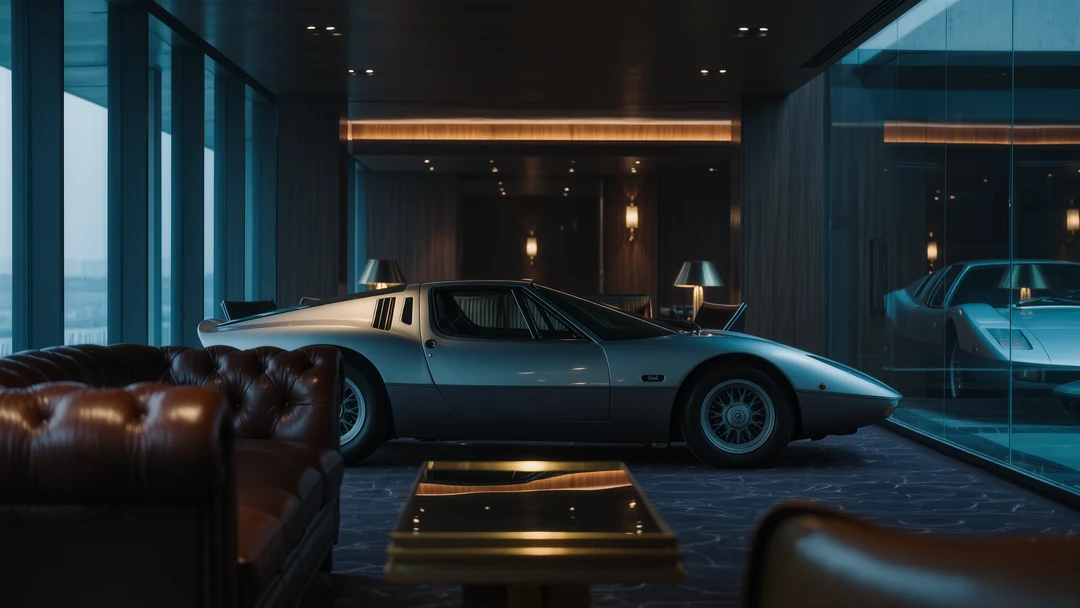 A yellow Ferrari supercar is parked on a driveway in front of a brick building with red wooden and garage doors.
