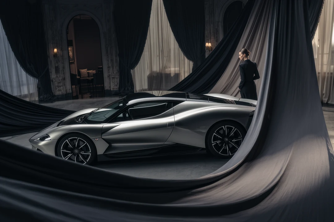 A silver McLaren supercar is parked on a paved lot in front of modern office buildings under a partly cloudy sky.
