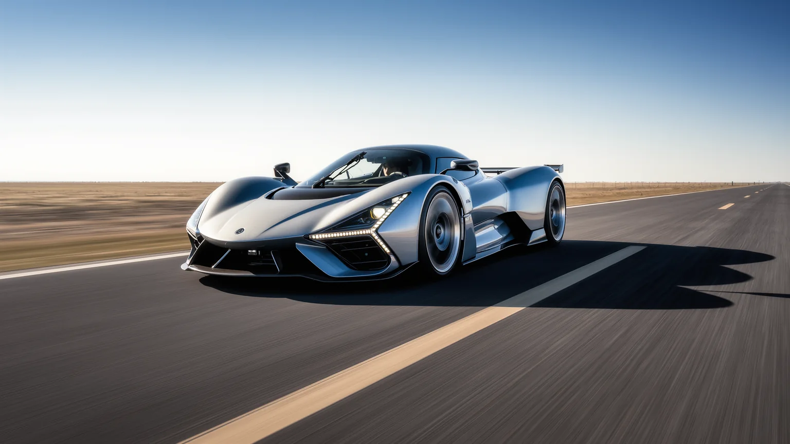 Extremer Hypercar in voller Fahrt auf einer langen Geraden