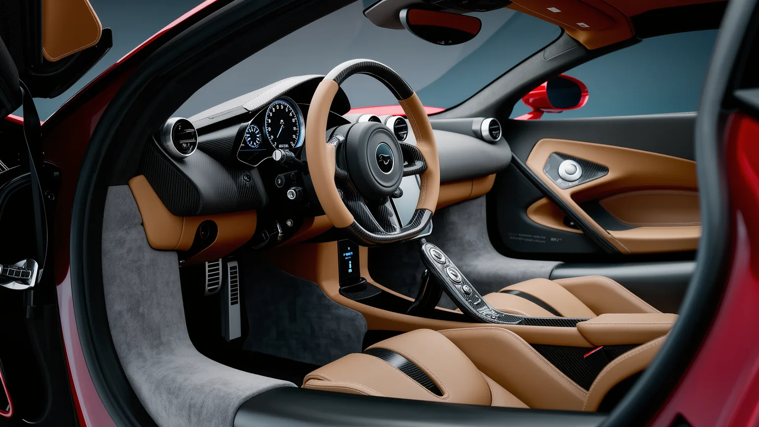 Fahrerorientiertes Supercar-Cockpit mit Carbon, Leder und Alcantara