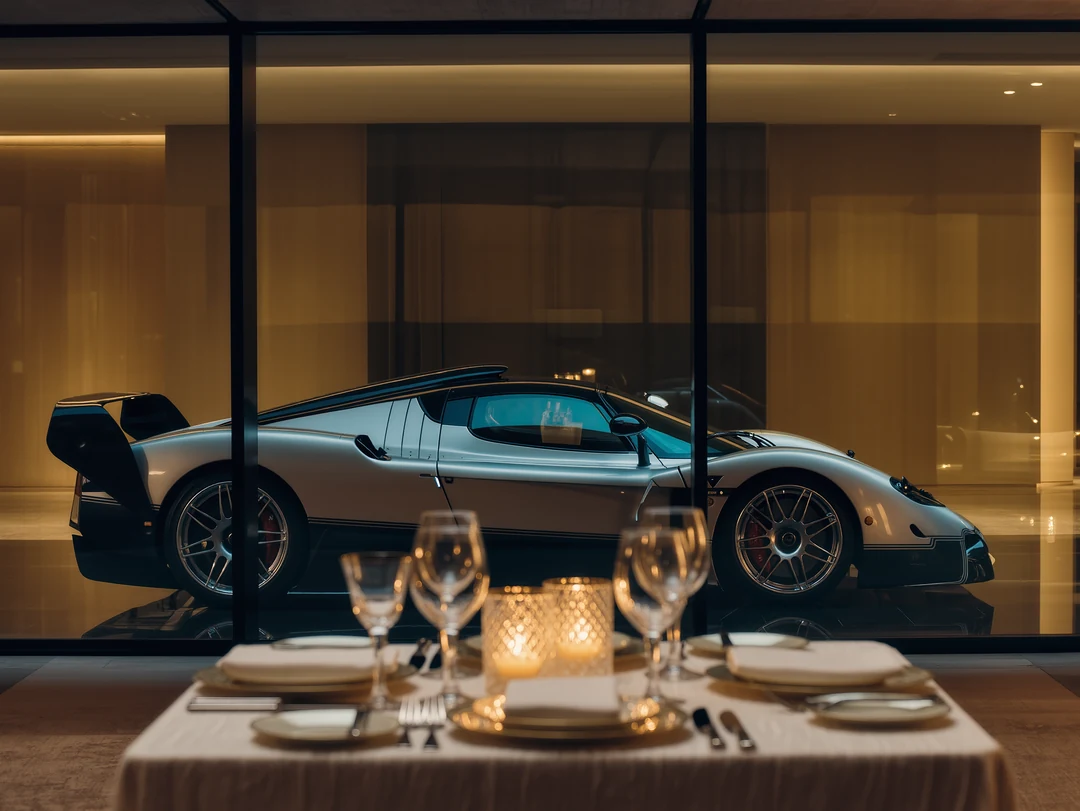 A matte black supercar is parked outside a modern stadium, with sleek metal fencing and gates in the background.