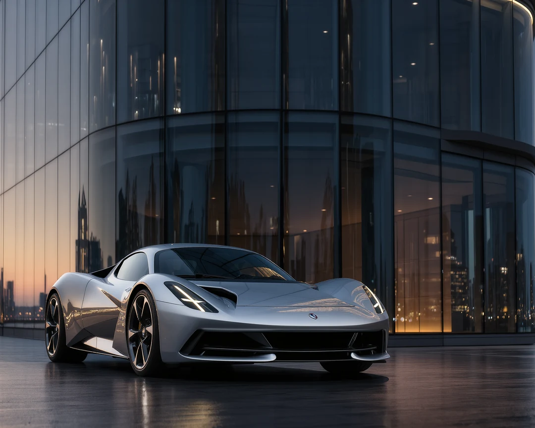 A striking red supercar is parked on a street in front of a white tent, its reflection shimmering in a puddle on the ground.