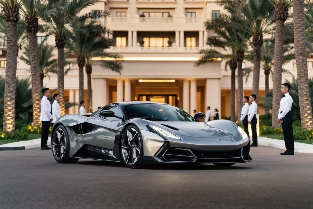 A red supercar is parked between other luxury vehicles on a city street, with several people standing nearby.