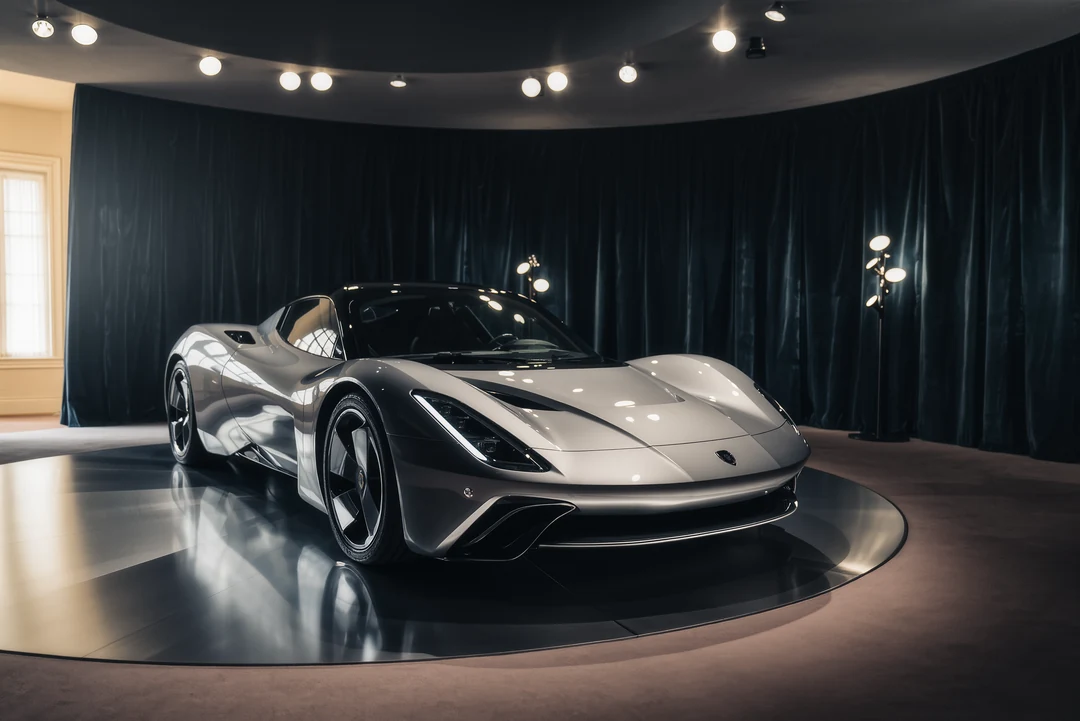 A silver McLaren supercar is parked on pavement in front of modern office buildings and trees under a partly cloudy sky.