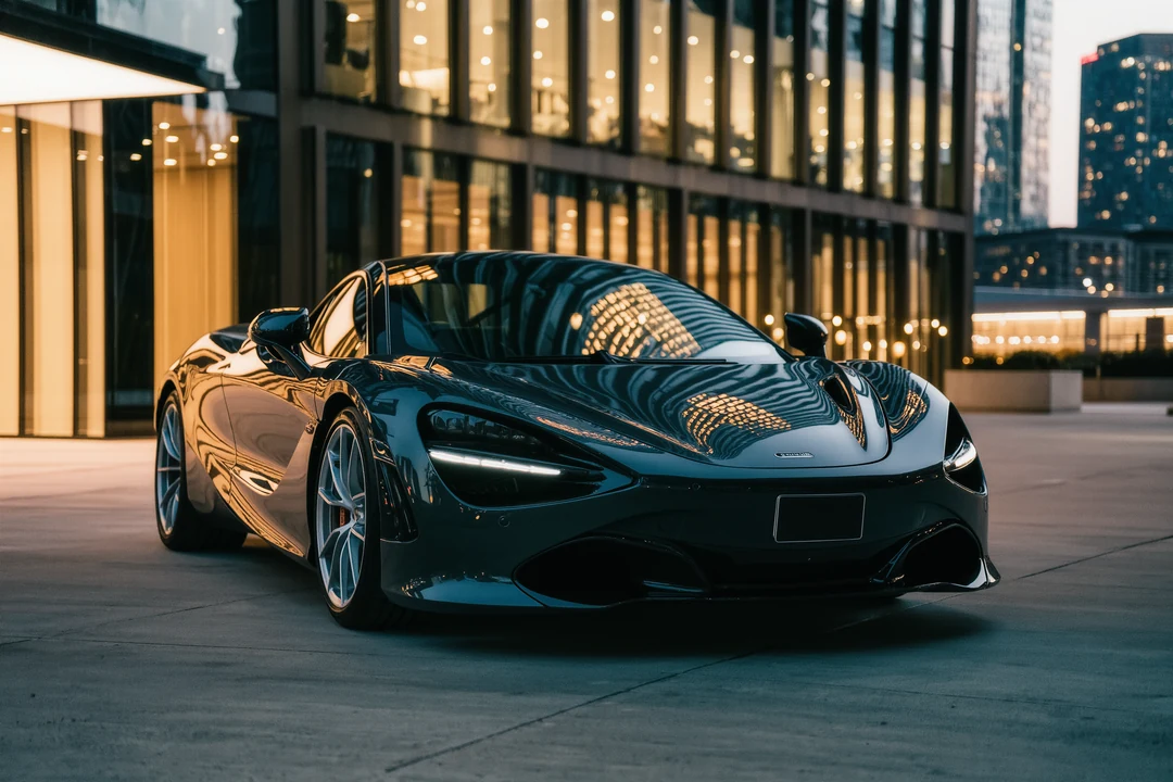 A red supercar parked alongside other luxury cars on a city street, with several people standing nearby.