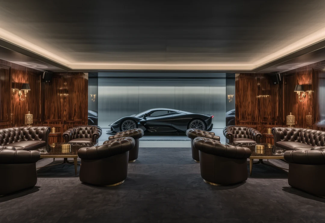 Two black supercars, one with its doors open upwards, are parked by a marina with yachts and city buildings in the background under cloudy skies.