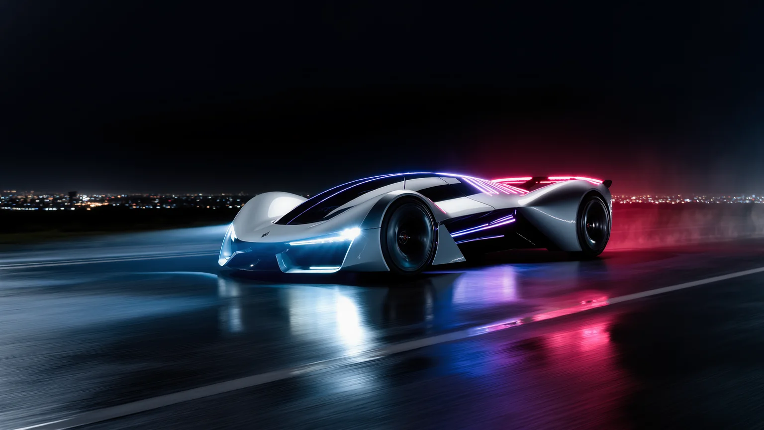 Futuristischer Elektro-Supercar bei Nacht mit leuchtenden Lichtsignaturen